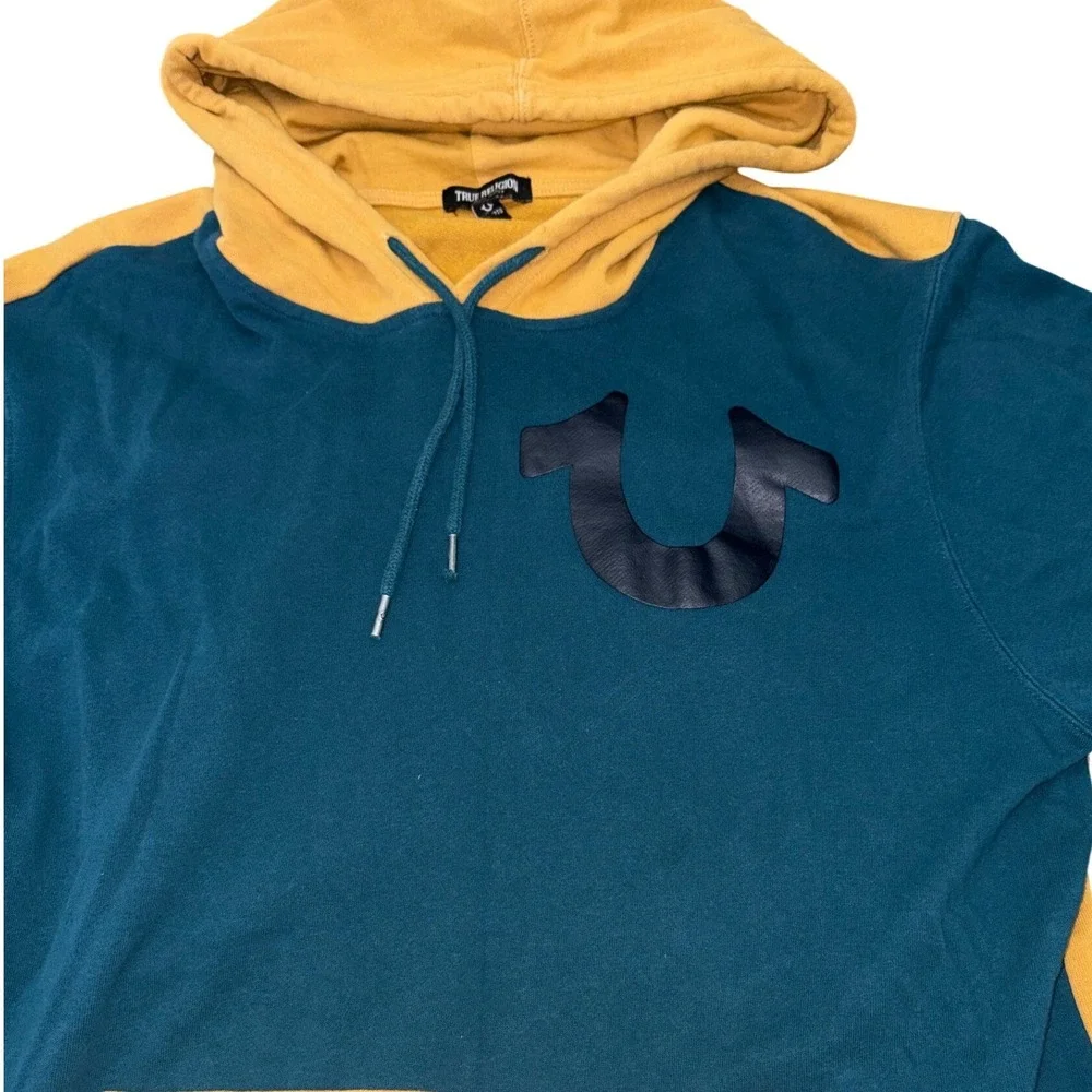 True Religion Hoodie Mens 2XL Teal Yellow Colorblock Pullover Sweatshirt Logo